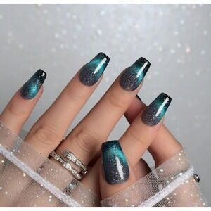 Nailsalon Cat Eye Press On Nails Medium Coffin Glitter Ombre Blue Black 10 Nails